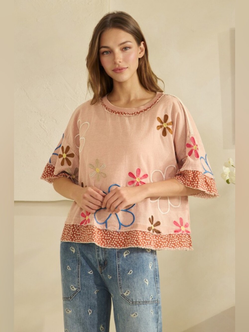 #1593 Oli & Hali Boho Bloom Patchwork Tee (Peachy Pink)